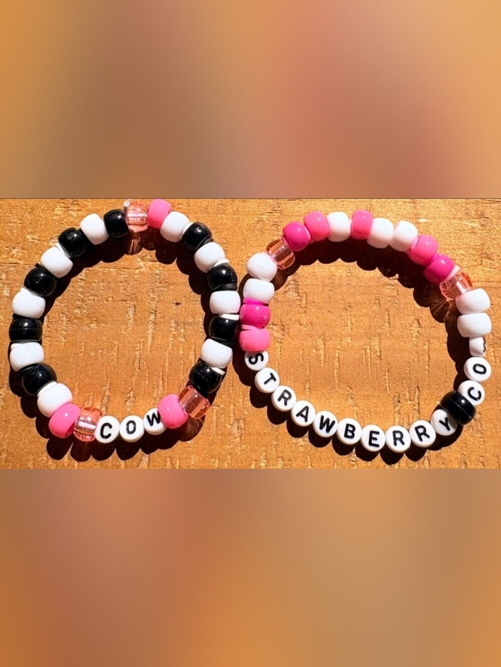 Strawberry Cow Inspired Matching Set Of 2 Handmade Beaded Kandi Bracelets